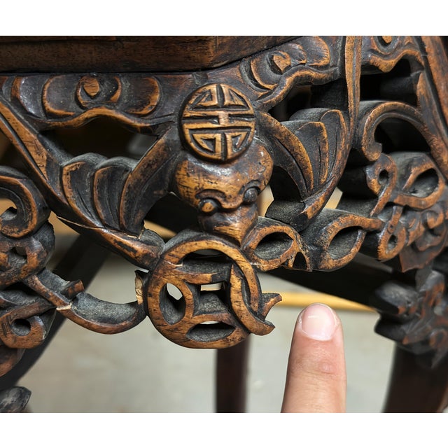 Vintage Chinese Carved Rosewood Pedestal Stand With Marble Top For Sale - Image 12 of 12