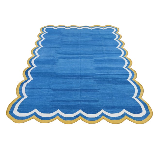 Handmade Cotton Area Rug Natural Vegetable Dyed Blue Scalloped Rug Yellow Border - 12'x15' For Sale - Image 9 of 11