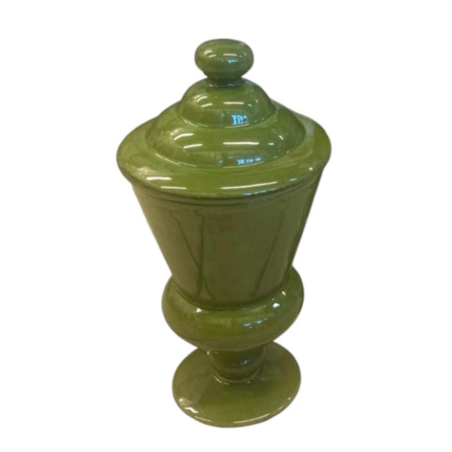Vintage Glossy Olive Green Ceramic Pedestal Urn With Lid For Sale In West Palm - Image 6 of 12