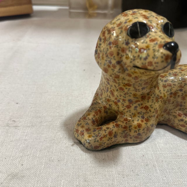 Mid-Century Modern 1970s Small Floral Ceramic Painted Dog Sculpture For Sale - Image 3 of 7