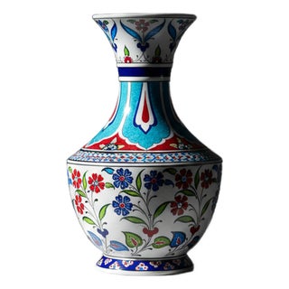 Handmade Ceramic Classic Vase (30cm) – Turquoise Panels & Red Floral Pattern – Mediterranean Summer Decor For Sale
