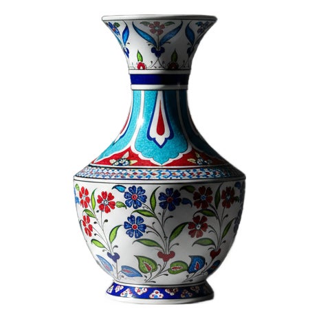 Handmade Ceramic Classic Vase (30cm) – Turquoise Panels & Red Floral Pattern – Mediterranean Summer Decor For Sale