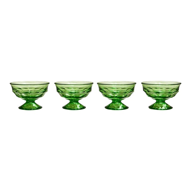 Vintage Viking Glass Georgian Green Sherbet Dishes – Set of 4 | Mid Century Pressed Glass Dessert Bowls For Sale