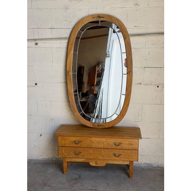Vintage Danish Oak Entryway Console Table & Oval Mirror Set With Brass Details For Sale - Image 9 of 10