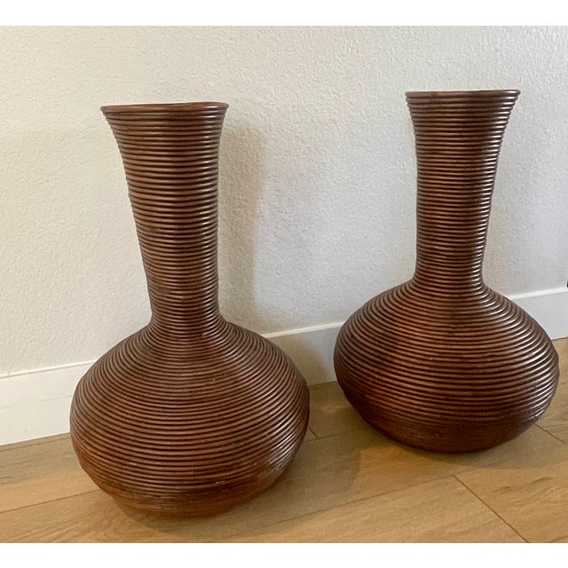 Vintage 1970's Gabriella Crespi Style Pencil Reed Rattan Floor Vases Urns- A Pair For Sale - Image 4 of 14