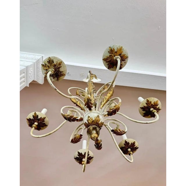 1950s Shabby Chic White and Gold Washed Chandelier For Sale - Image 5 of 12