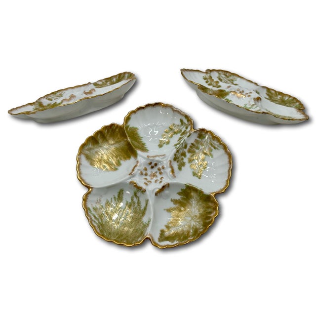 Gold Beautiful & Fine Quality 22k Gold & Ferns Decorated Antique French Limoges Porcelain Oyster Plates Set of 7 For Sale - Image 8 of 18