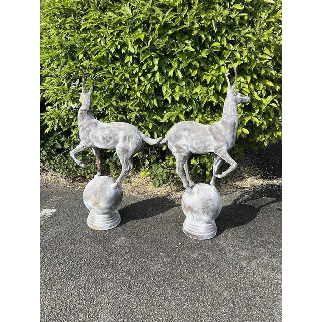 Cast Iron Stag Deer on Ball Garden Finial Sculptures, Set of 2 For Sale - Image 9 of 12