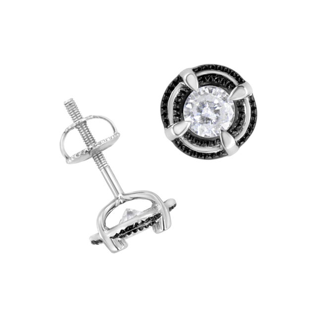 Black Rhodium Plated .925 Sterling Silver Round 1/2 cttw Diamond Double Halo 4-Prong Solitaire Milgrain Stud Earrings (H-I Color, I2-I3 Clarity) For Sale - Image 4 of 7