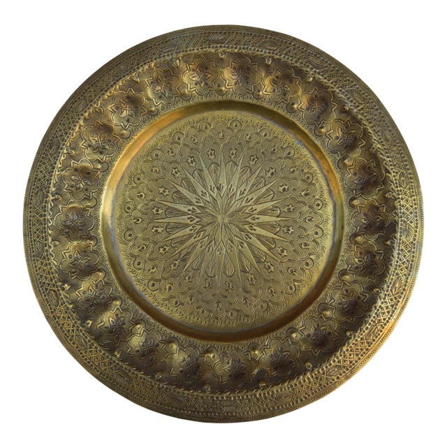 Antique Engraved Moorish-Patterned Brass Tray For Sale