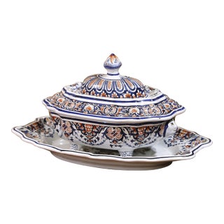 Mid-Century French Faïence Centerpiece From Rouen With Tureen, Platter and Lid For Sale