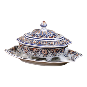 Mid-Century French Faïence Centerpiece From Rouen With Tureen, Platter and Lid