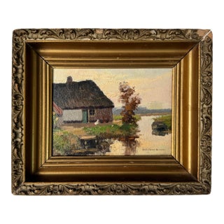 George Elmer Browne (1871-1946) Riverside Cottage Scene Oil Painting For Sale
