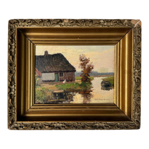 George Elmer Browne (1871-1946) Riverside Cottage Scene Oil Painting