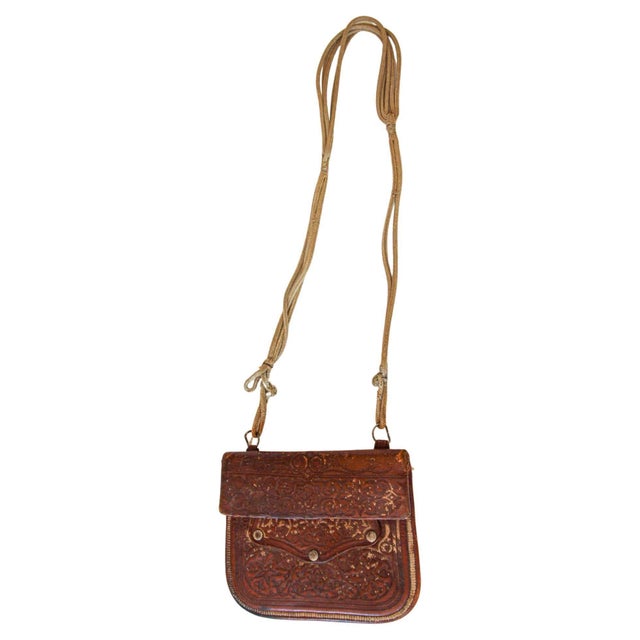 Moroccan Antique Hand Tooled Leather Moroccan Bag Wall Decor For Sale - Image 3 of 16