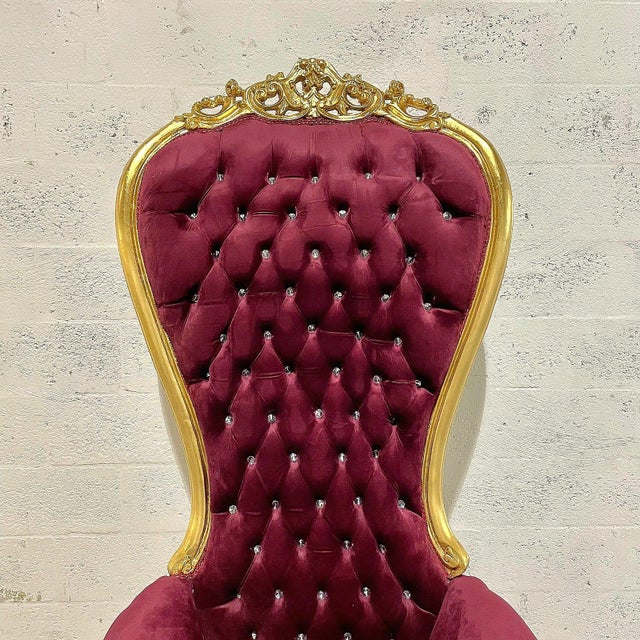 French Style Burgundy Velvet High-Back Tufted Gold For Sale In Miami - Image 6 of 7
