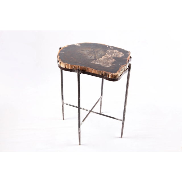 Living Edge Petrified Wood Top W Iron Stand Accent Table or Side Table 51 For Sale - Image 4 of 5