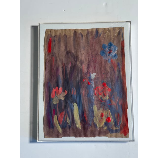 Abstract modern acrylic on brown paper painting in acrylic frame.