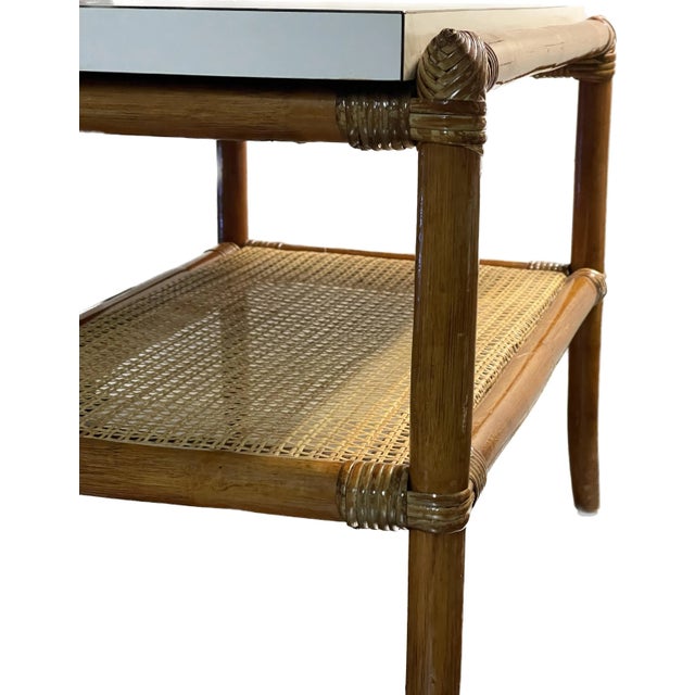 Pair of 1970s Mid-Century Modern Rattan & Cane End Tables With White Laminate Tops For Sale - Image 4 of 10
