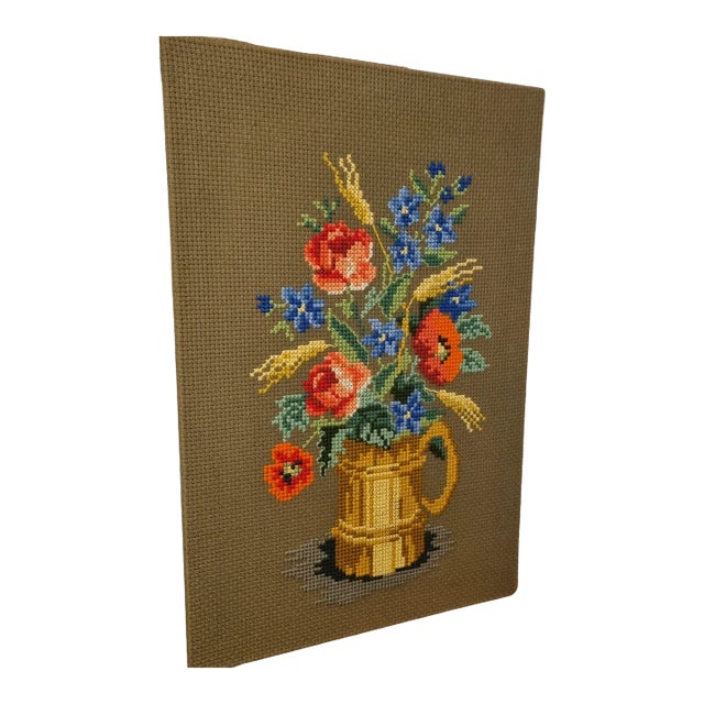 1970s Scandinavian Hand-Embroidered Large Flower Pattern Wall Decoration For Sale