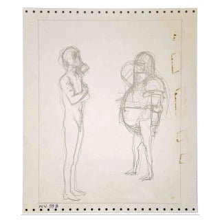 Leo Guida, Figures with Masks, Pencil Drawing, 1970s For Sale