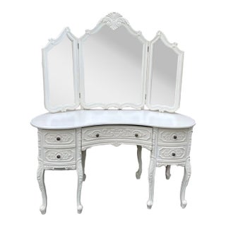 French King Louis White Mahogany Kidney Vanity W/ Triple Mirror For Sale