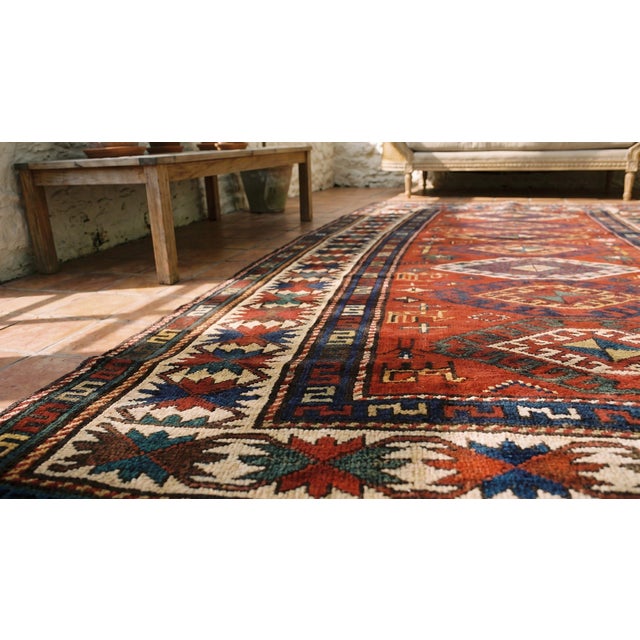 Textile 1890s Red Diamond Tribal Antique Caucasian Kazak Rug 4'3" X 7'7" Handknotted Wool Carpet For Sale - Image 7 of 8