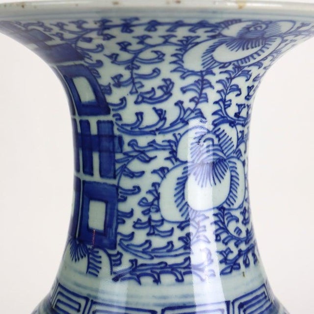 Chinese Chinese Blue & White Porcelain Vase With Carved Wooden Base Signed 20thC For Sale - Image 3 of 10