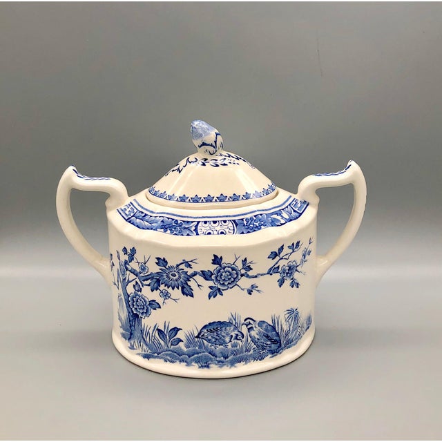 Blue and White Furnivals Quail 1913 Pottery Teapot, Creamer and Sugar