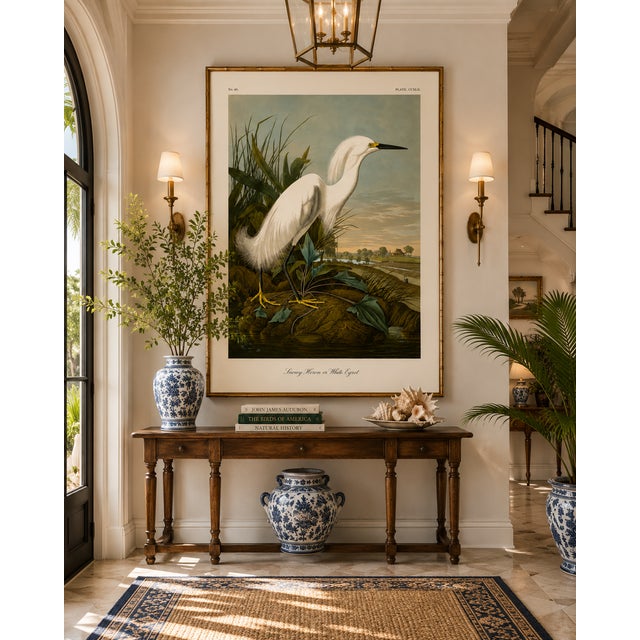 White Snowy Heron or White Egret, Museum Style Audubon Bird Print, 16" X 24" For Sale - Image 8 of 12