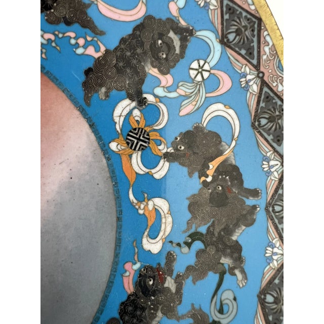 Antique Japanese Meiji Period Cloisonne Charger With Shishi Lion Dogs and Turtle With Hairy Tails For Sale In Chicago - Image 6 of 12