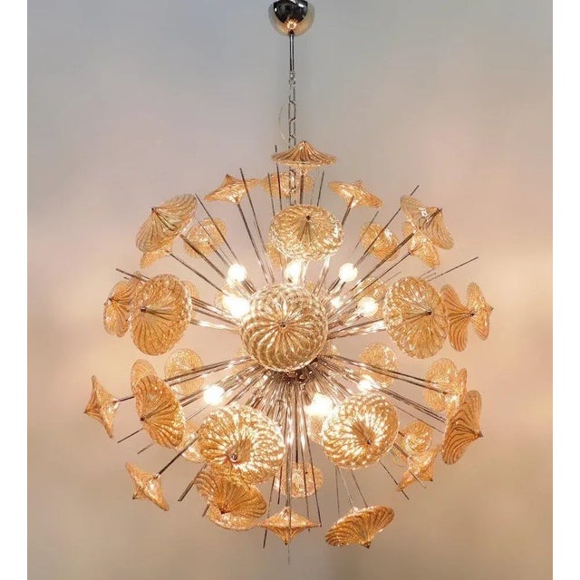 Italian modern Sputnik chandelier shown in Pyrex borosilicate glasses hand blown to produce a spiraled effect, mounted on...
