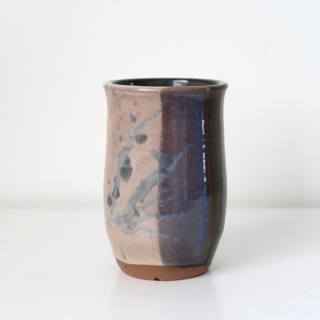 Signed Handmade Ceramic Studio Pottery Tumbler Shaped Vessel With Abstract Brushwork & Variegated Glaze For Sale - Image 10 of 16