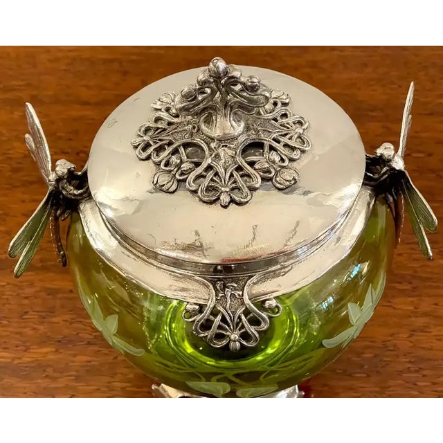 Metal Early 20th Century Wmf Art Nouveau Silverplated Dragonfly Motif & Engraved Green Crystal Box For Sale - Image 7 of 12