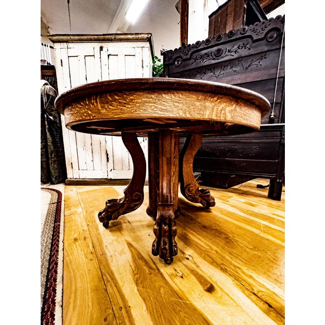 Early 20th Century Solid Oak Clawfoot Dining Table With Four Leaves For Sale In Portland, OR - Image 6 of 18