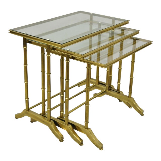 Brass Faux Bamboo Glass Top Nesting Side Tables Set of 3 Chairish