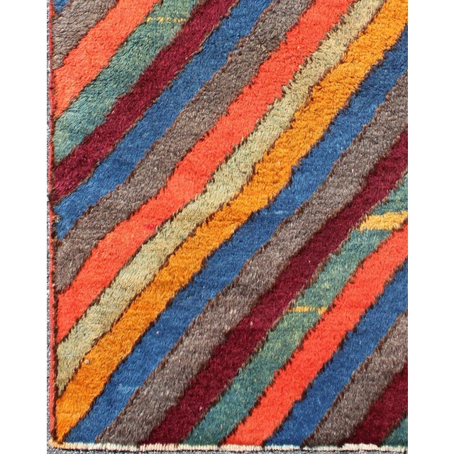 Colorful Vintage Turkish Tulu Rug With Horizontal Stripes and Fine Wool For Sale - Image 4 of 7