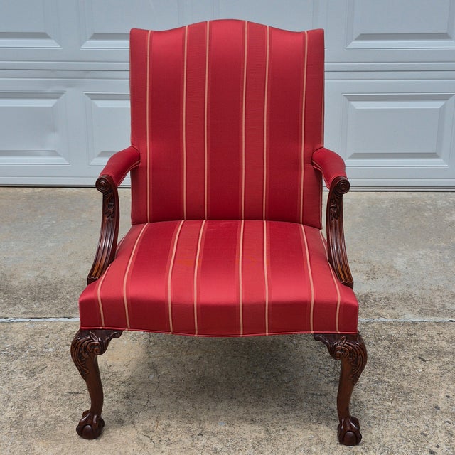 Hickory Chair Furniture Company 1990s Hickory Chair Chippendale Carved Mahogony Gainsborough Library Arm Chair Claw & Ball Feet For Sale - Image 4 of 17