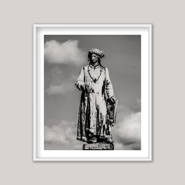 Black and white photograph of the magnificent monument to the painter Jan van Eyck in Bruges, Belgium. It has stood here...