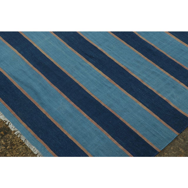 Traditional Vintage Dhurrie Rug, Navy and Sky Blue Stripes - Rug & Kilim For Sale - Image 3 of 7