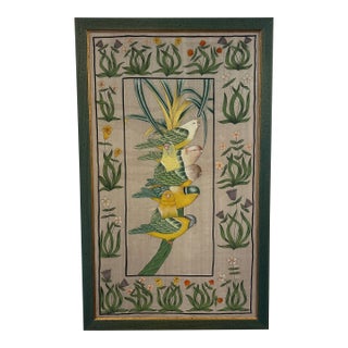 Vintage Hand Painted Silk Framed Textile Birds and Flowers For Sale
