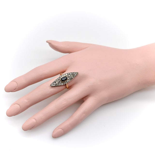 Silver 19th Century 14k Gold Early Victorian Navette Ring With Pave Diamonds and Central Sapphire, Size 8.25 For Sale - Image 8 of 8