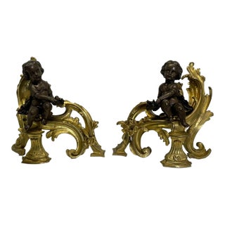 Pair Patinated Gilt Bronze Cherub Fireplace Andirons, Chenets Antique Louis XV For Sale