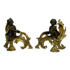 Pair Patinated Gilt Bronze Cherub Fireplace Andirons, Chenets Antique Louis XV