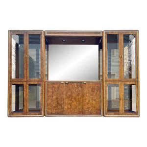 1980s Vintage American of Martinsville Burl Wood Dining Room Curio/Server Full Pier Wall Unit Set