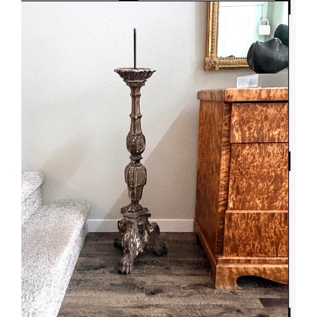 This is a wonderful 18th century antique Baroque church altar candlestick or pricket, carved from wood with tripod ornate...