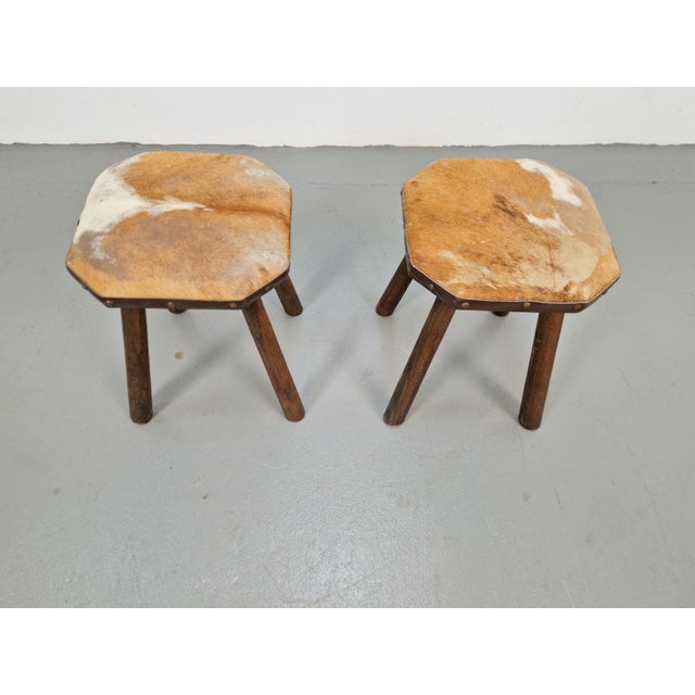 Wood Vintage Milk Stools with Cowhide Seats, 1950s, Set of 2 For Sale - Image 7 of 9