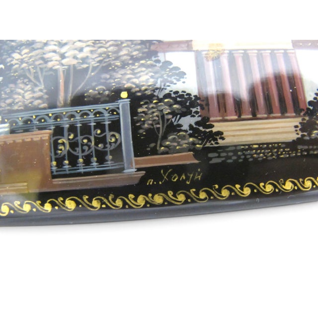 Black Russian Kholuy Panoramic Saint Petersburg Hand Painted Lacquer Casket Box Signed For Sale - Image 8 of 16