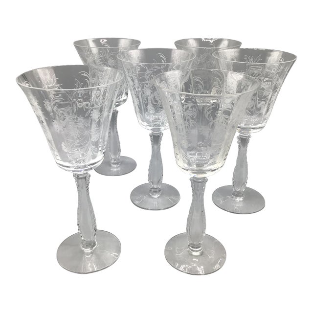 Etched Fostoria Heather Crystal Water Goblets-Set of 6 For Sale