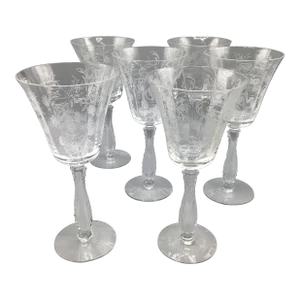 Vintage Etched Fostoria Heather Crystal Water Goblets-Set of 6